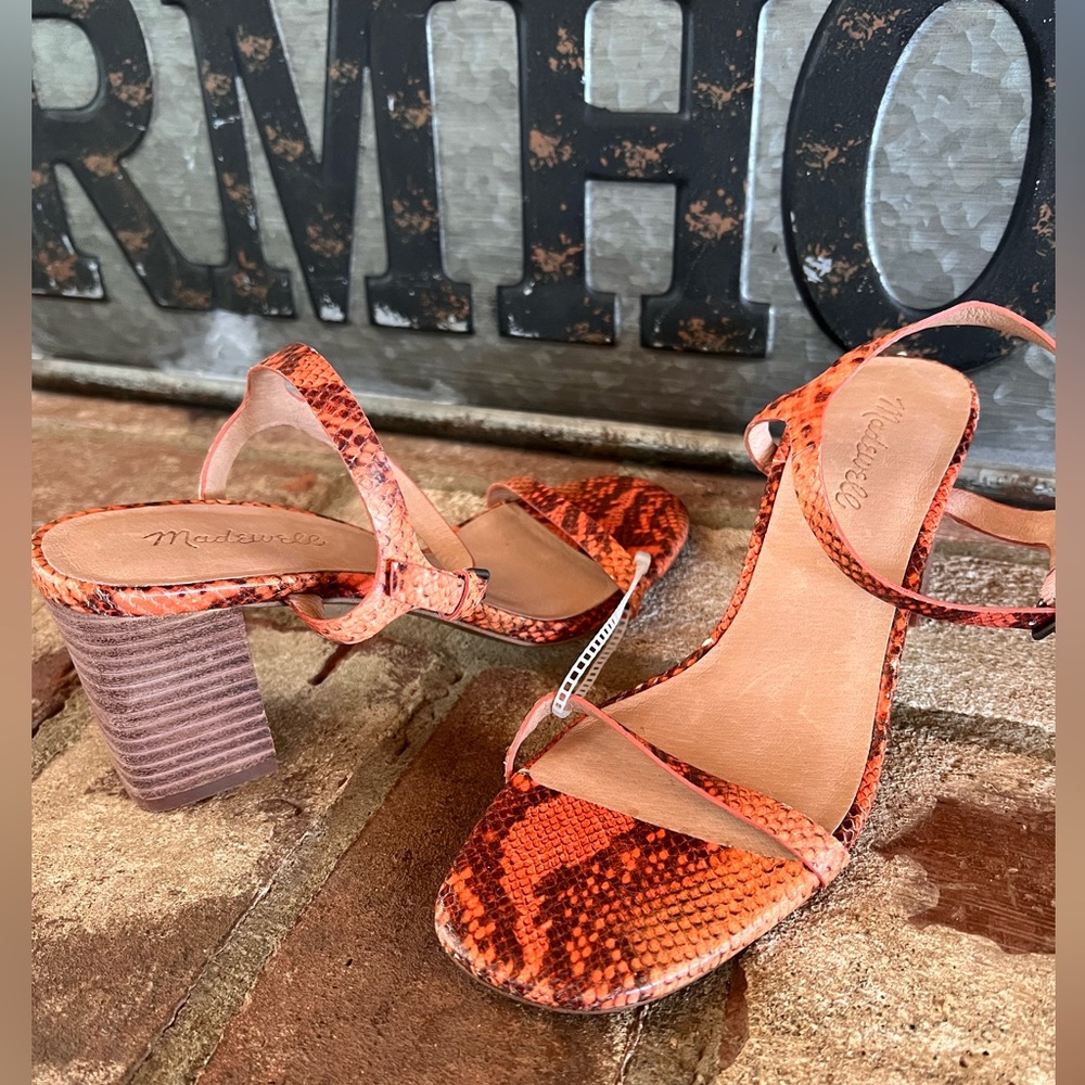 Madewell orange snakeskin design strappy block heels